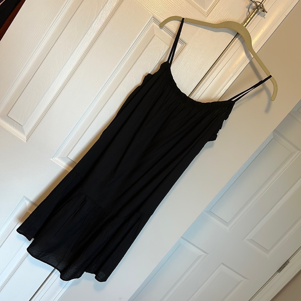 H&M Black Viscose Cami Midi Dress Smocked Spaghetti Strap Drop Hem LBD Medium